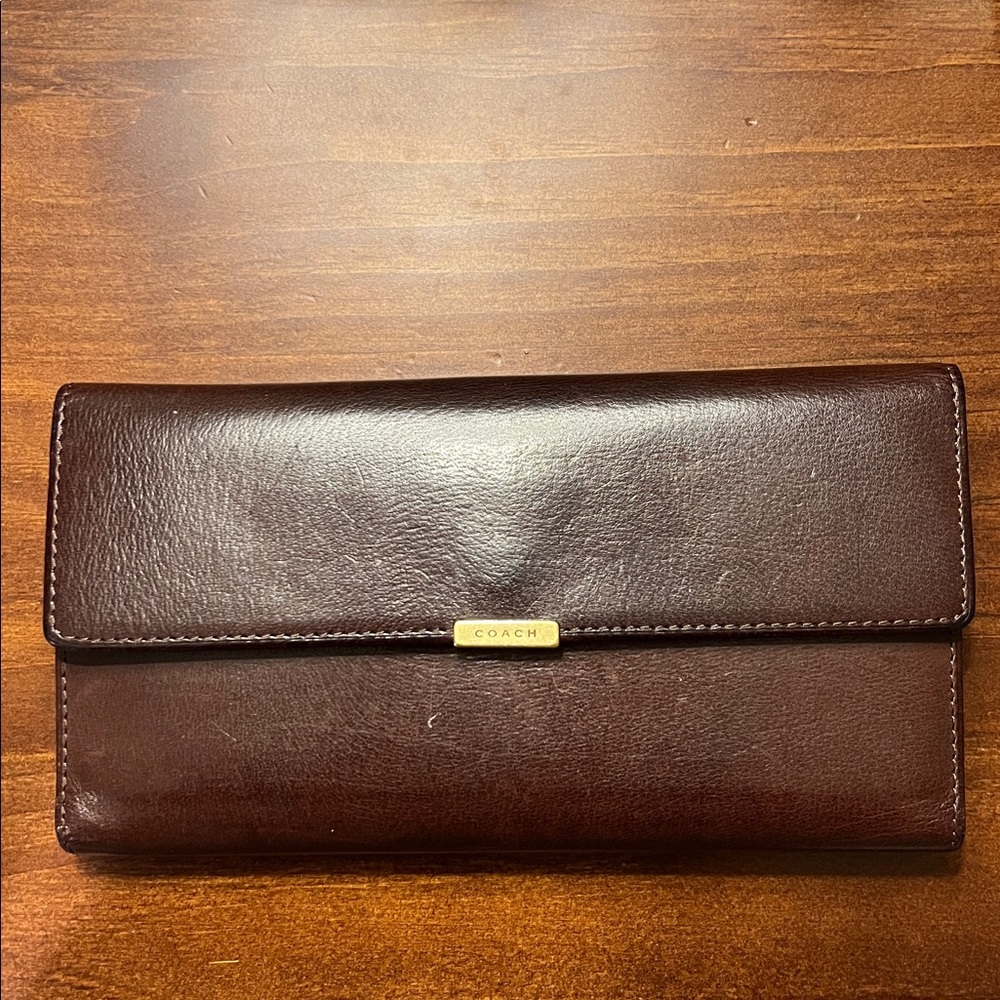 Large Coach Deep Brown Leather Wallet with Gold Hardware; checkbook insert.